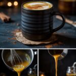 Low-FODMAP golden turmeric latte in black mug with cinnamon dust and steam, on slate background with coconut milk and ginger powder.