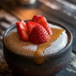 Strawberry Chia Pudding - a low-FODMAP dessert served in a black ceramic cup with fresh berries and maple syrup, on dark slate with moody lighting.