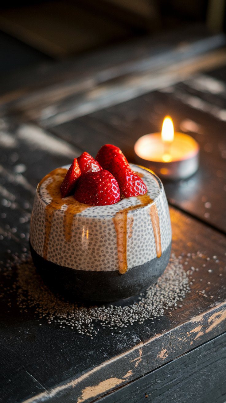 Strawberry Chia Pudding - a low-FODMAP dessert served in a black ceramic cup with fresh berries and maple syrup, on dark slate with moody lighting.