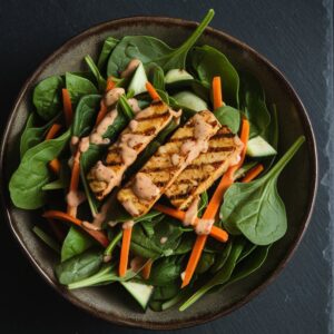 Low FODMAP grilled tempeh salad with maple Dijon dressing