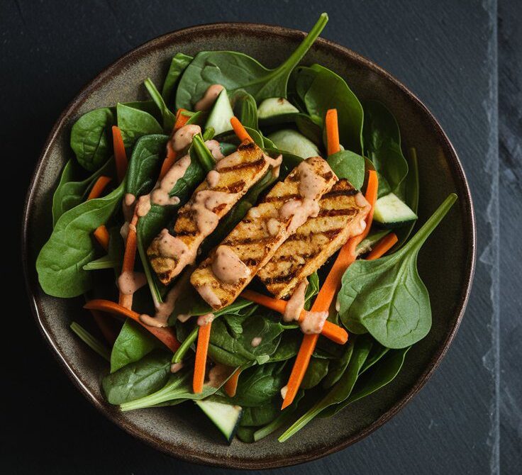 Low FODMAP grilled tempeh salad with maple Dijon dressing