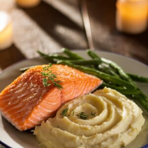 Low FODMAP salmon dinner with mashed potatoes and green beans – gut-friendly comfort meal