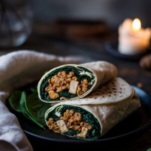 Low FODMAP lunch wrap filled with tofu stir-fry and spinach — gut-friendly, easy lunch idea