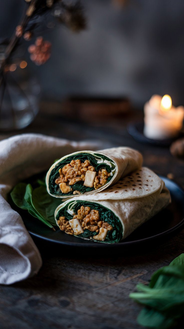 Low FODMAP lunch wrap filled with tofu stir-fry and spinach — gut-friendly, easy lunch idea