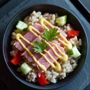 Low-FODMAP tuna rice salad with cucumber, bell pepper, and green onions in black bowl, drizzled with lemon vinaigrette. Moody teal-shadowed backdrop with gold fork.