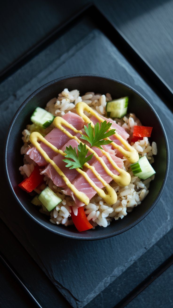 Low-FODMAP tuna rice salad with cucumber, bell pepper, and green onions in black bowl, drizzled with lemon vinaigrette. Moody teal-shadowed backdrop with gold fork.