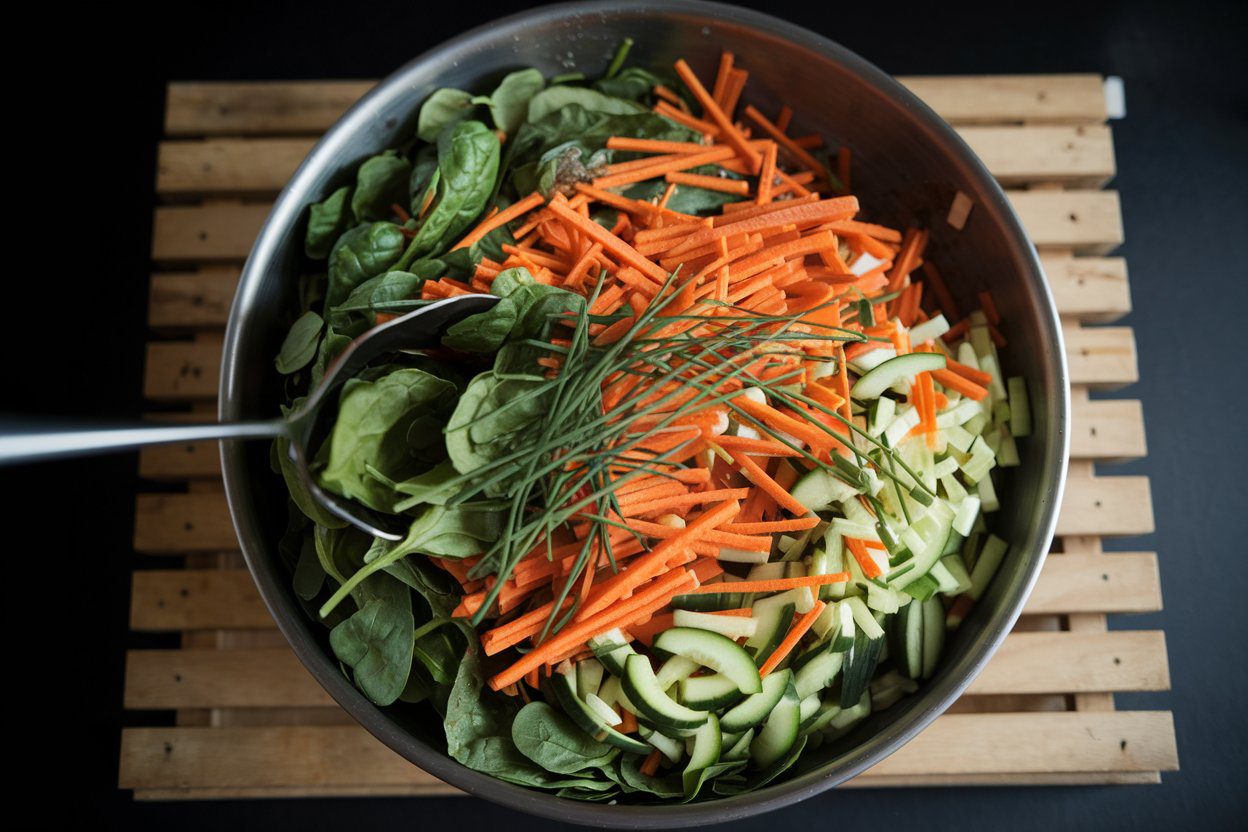 Tossing fresh vegetables with dressing in a bowl