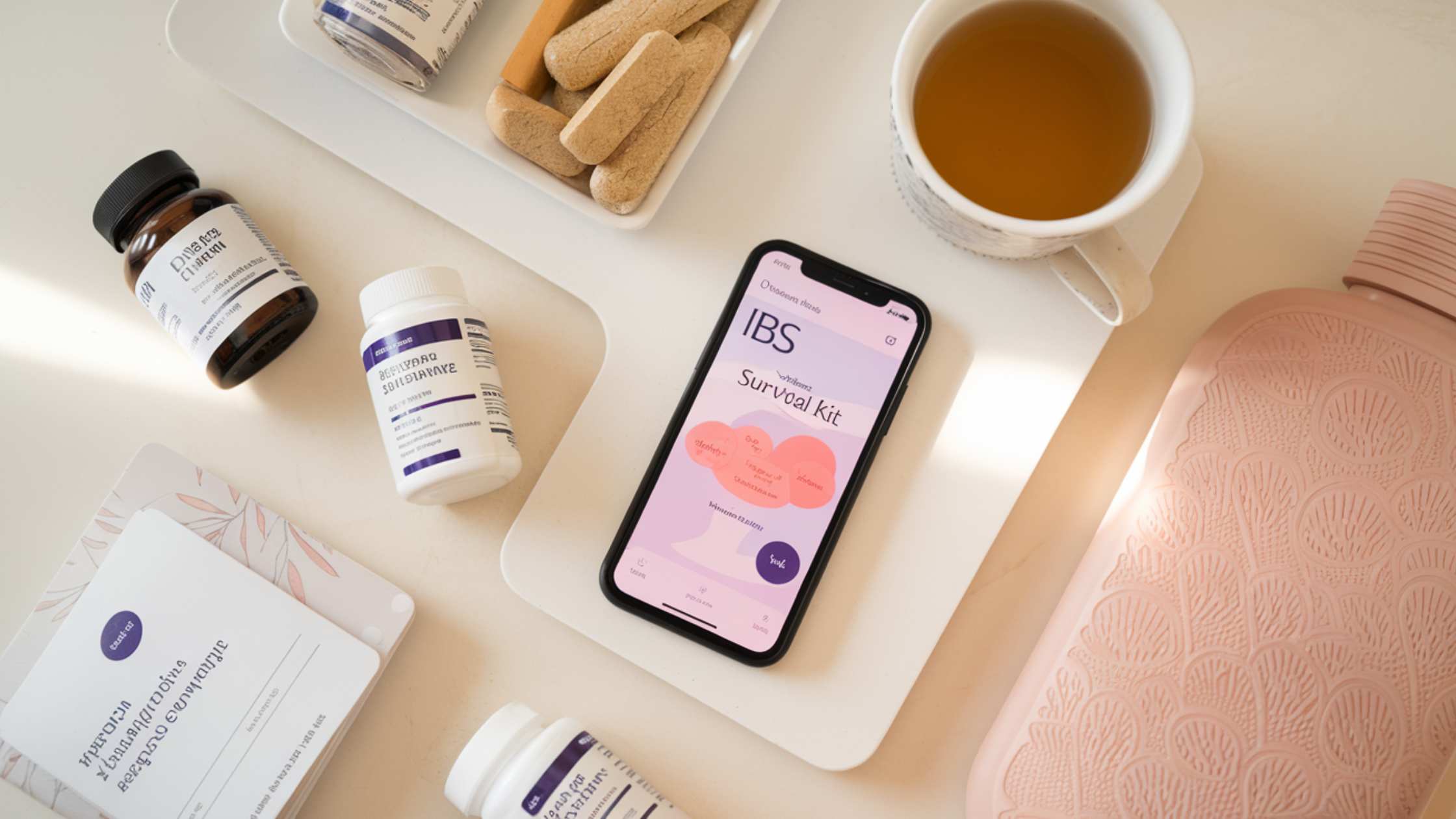 A collection of items including a smartphone displaying an "IBS Survival Kit" app, medication bottles, and a hot water bottle.