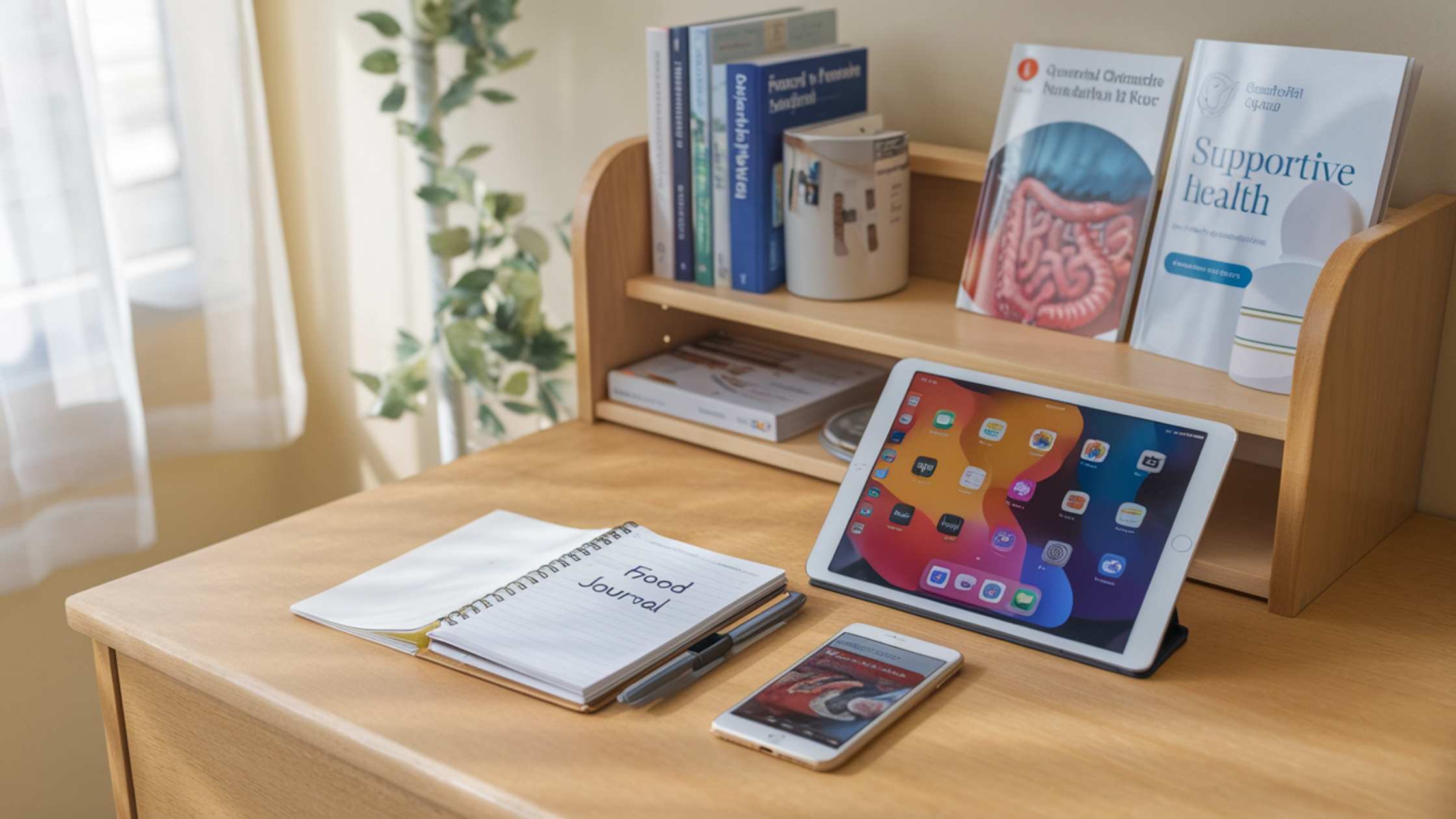 A desk with a food journal, tablet, smartphone, and books related to digestive health.