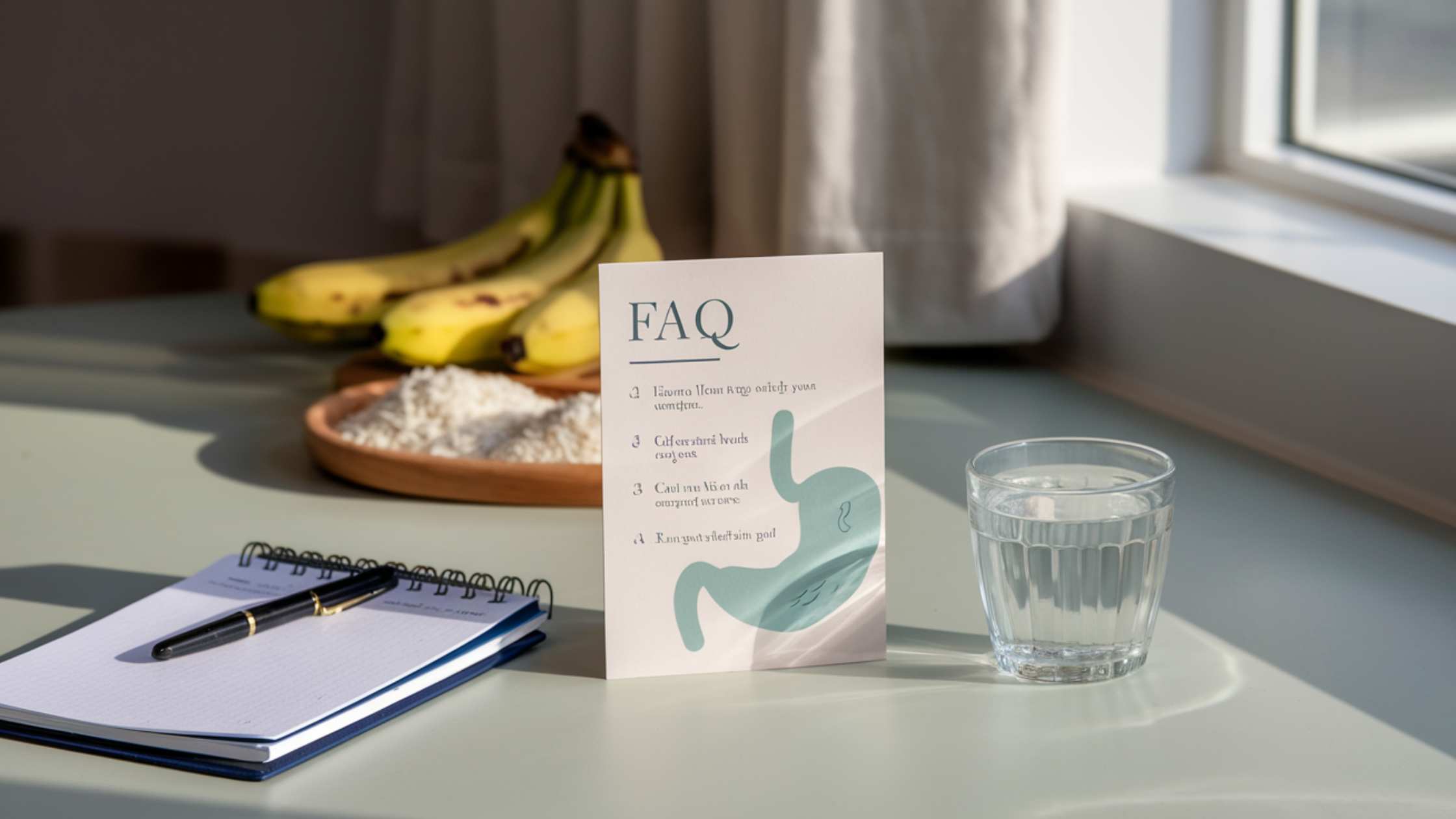 A frequently asked questions (FAQ) card about IBS next to a glass of water and a notebook.