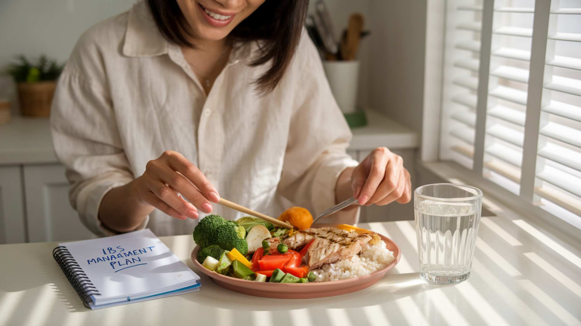 A person eating a balanced meal with a notebook labeled "IBS Management Plan."