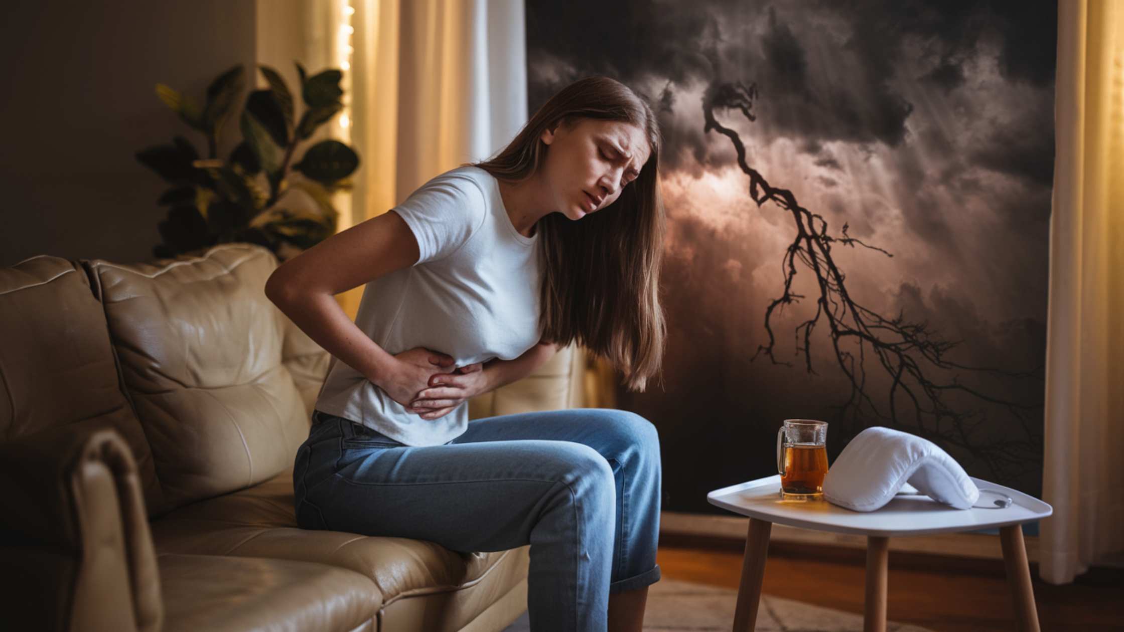 A woman holding her stomach in discomfort while sitting on a couch.