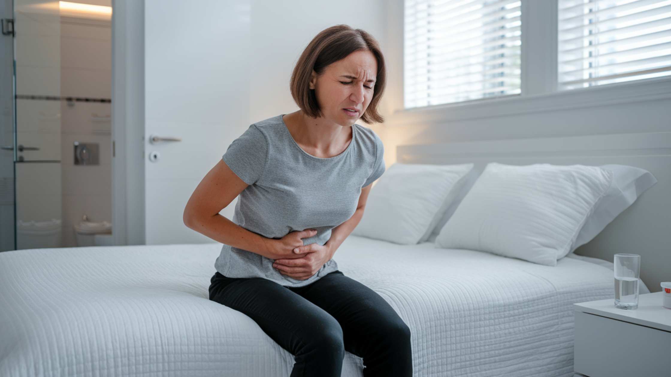 A woman with short brown hair sitting on a bed and holding her stomach in discomfort, signifying an ibs flare up. This image highlights the need for an ibs flare up survival guide, especially for managing ibs flare up symptoms.