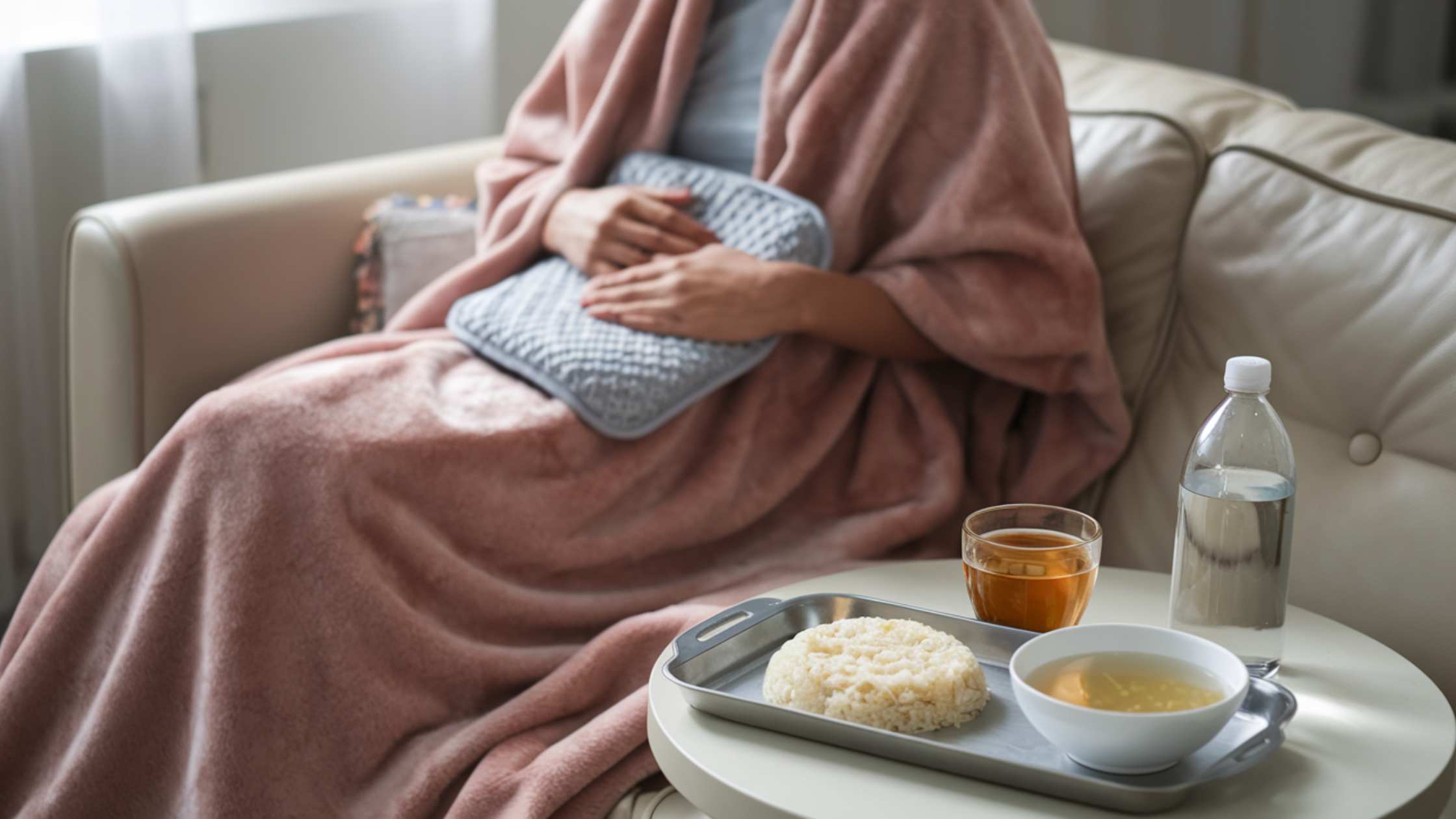 A person covered with a blanket, holding a cushion to soothe ibs flare up symptoms, while having a meal of foods safe during ibs flare up. This is an example from an ibs flare up survival guide.