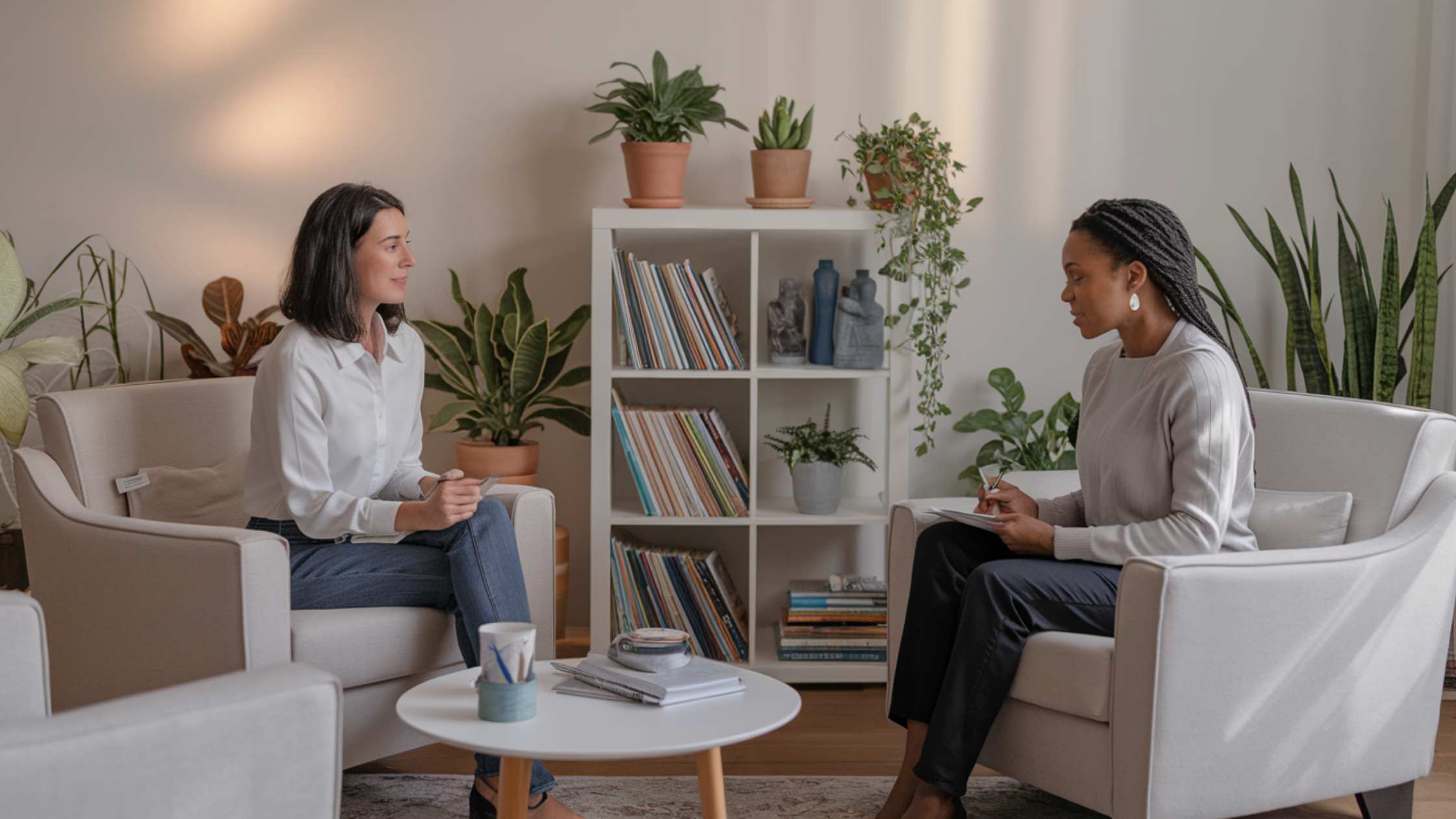 Two women sitting in armchairs having a conversation in a plant-filled room.