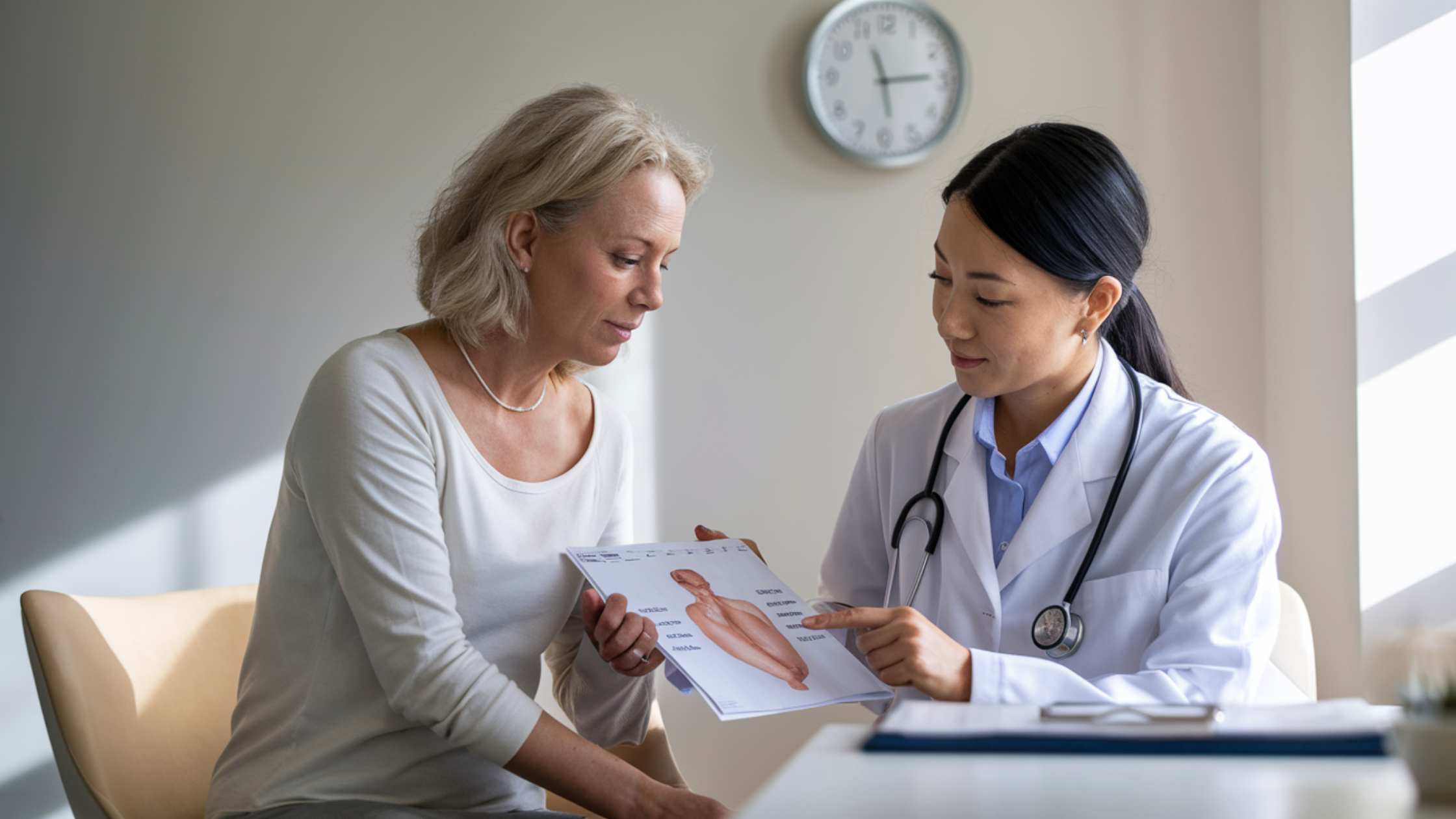 A doctor explaining a diagram to a patient in an examination room.