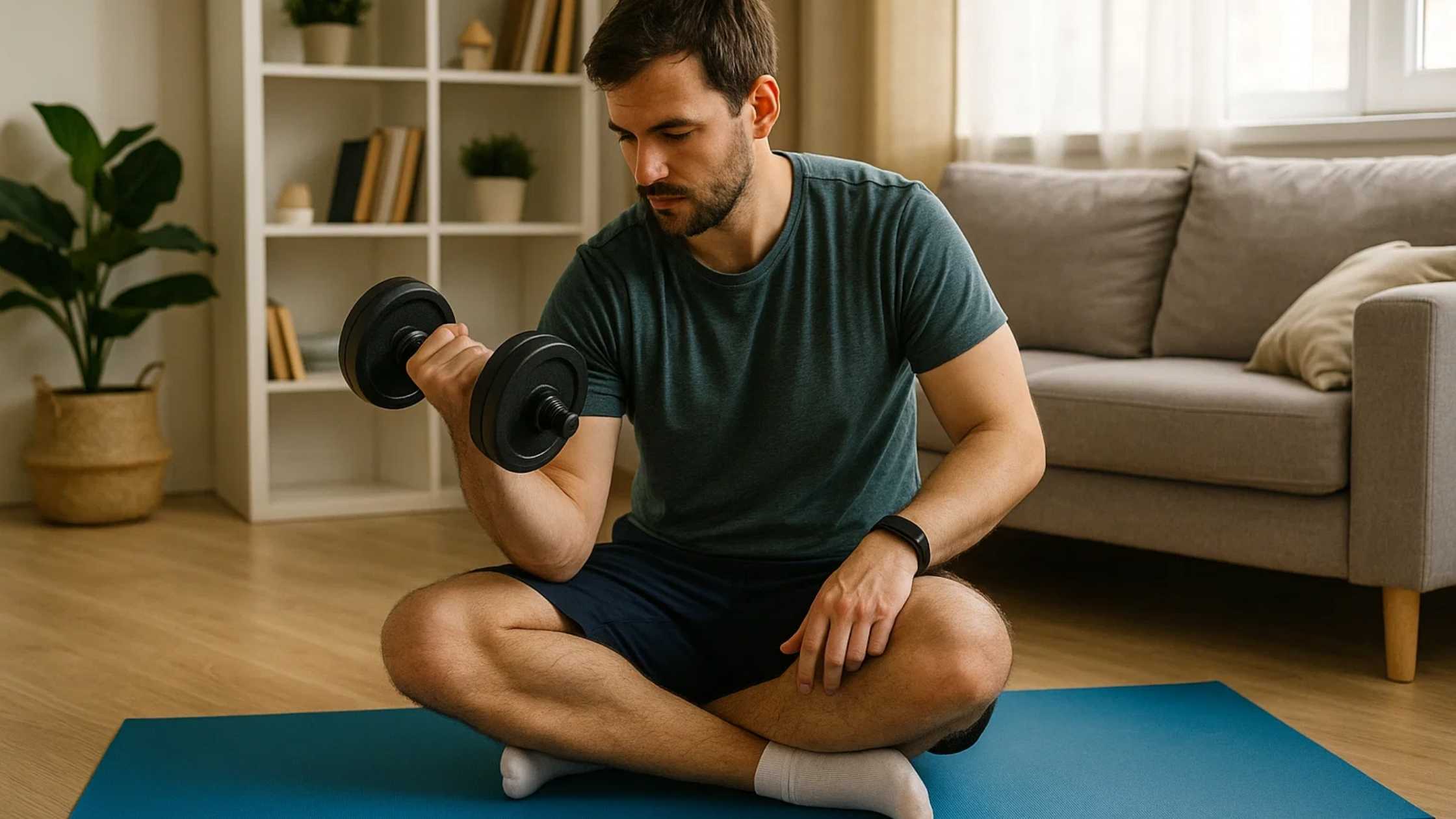 A man sitting on a yoga mat, lifting a dumbbell, as part of a home workout for natural IBS relief.