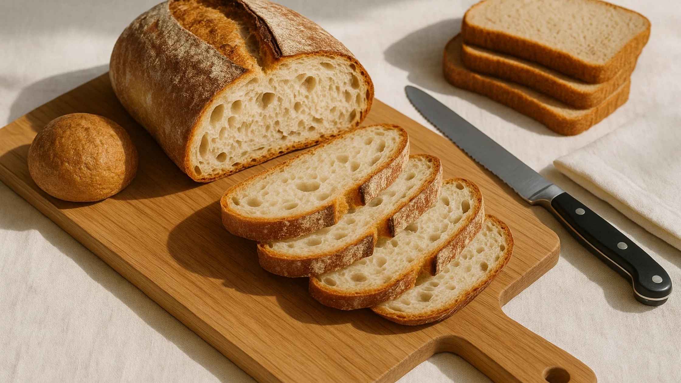 Slices of sourdough bread on a wooden cutting board, a suitable low FODMAP food substitute for many.