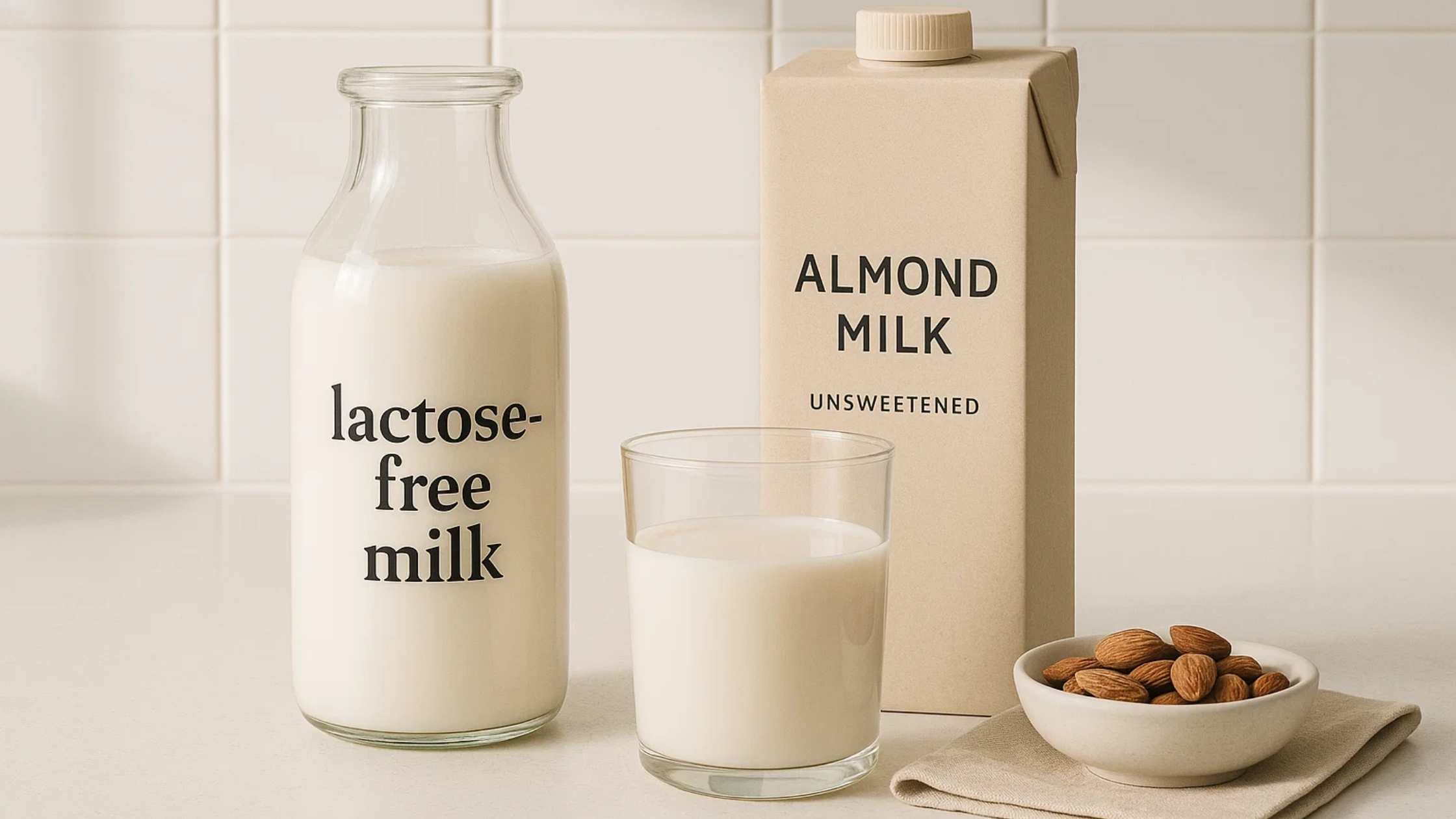 A bottle and carton of lactose-free milk, a beneficial low FODMAP food substitute for dairy sensitivities.