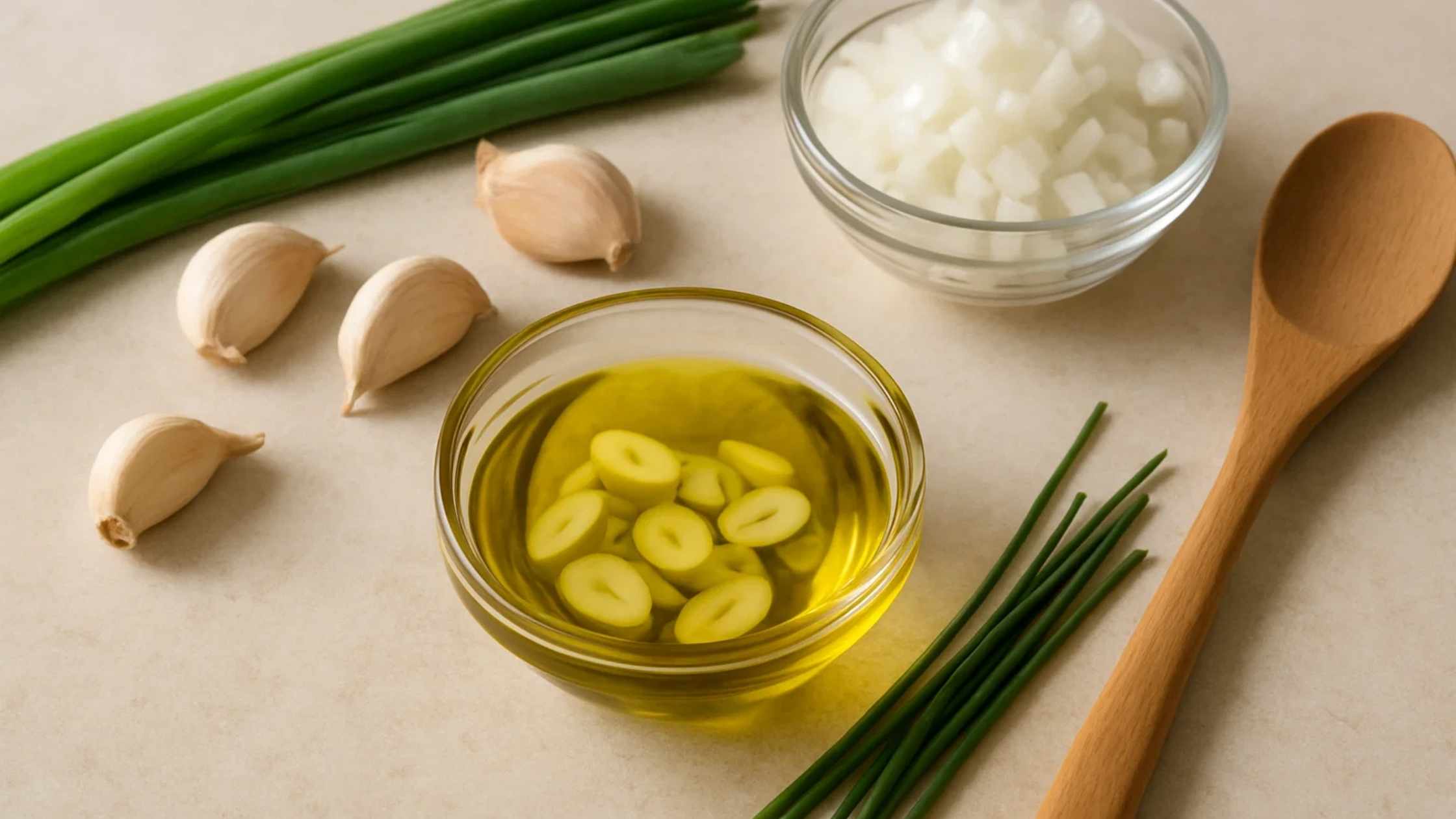 A bowl of green olives and a bowl of olive oil with garlic cloves, suggesting a low FODMAP food substitute for flavor.