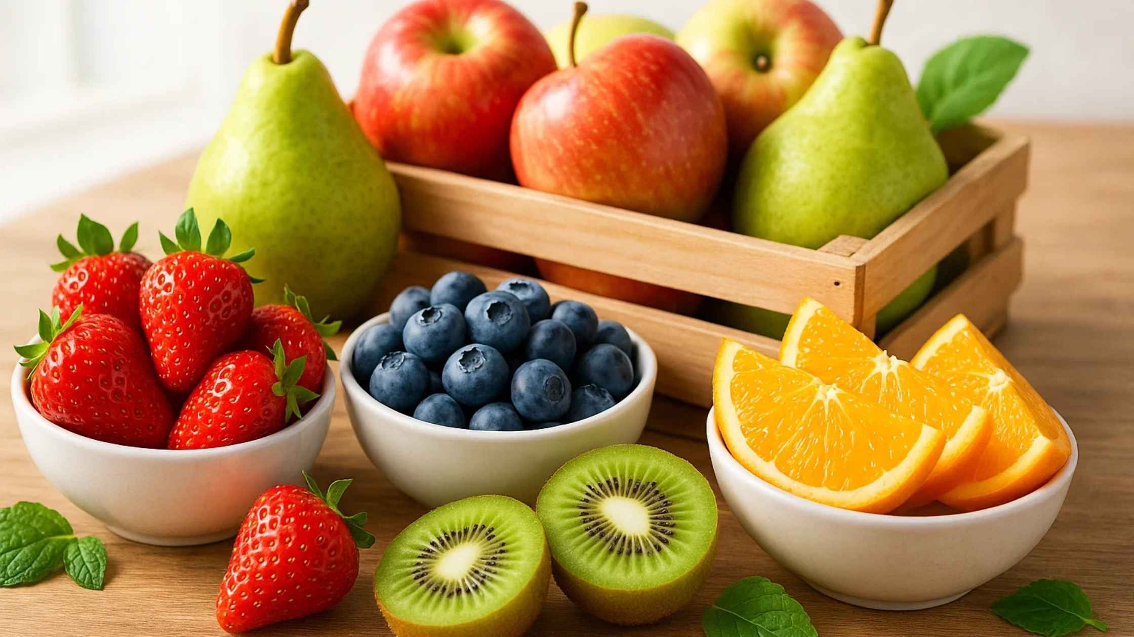 A wooden crate filled with various fruits like apples, pears, and strawberries, ideal for incorporating low FODMAP food substitutes into your diet.