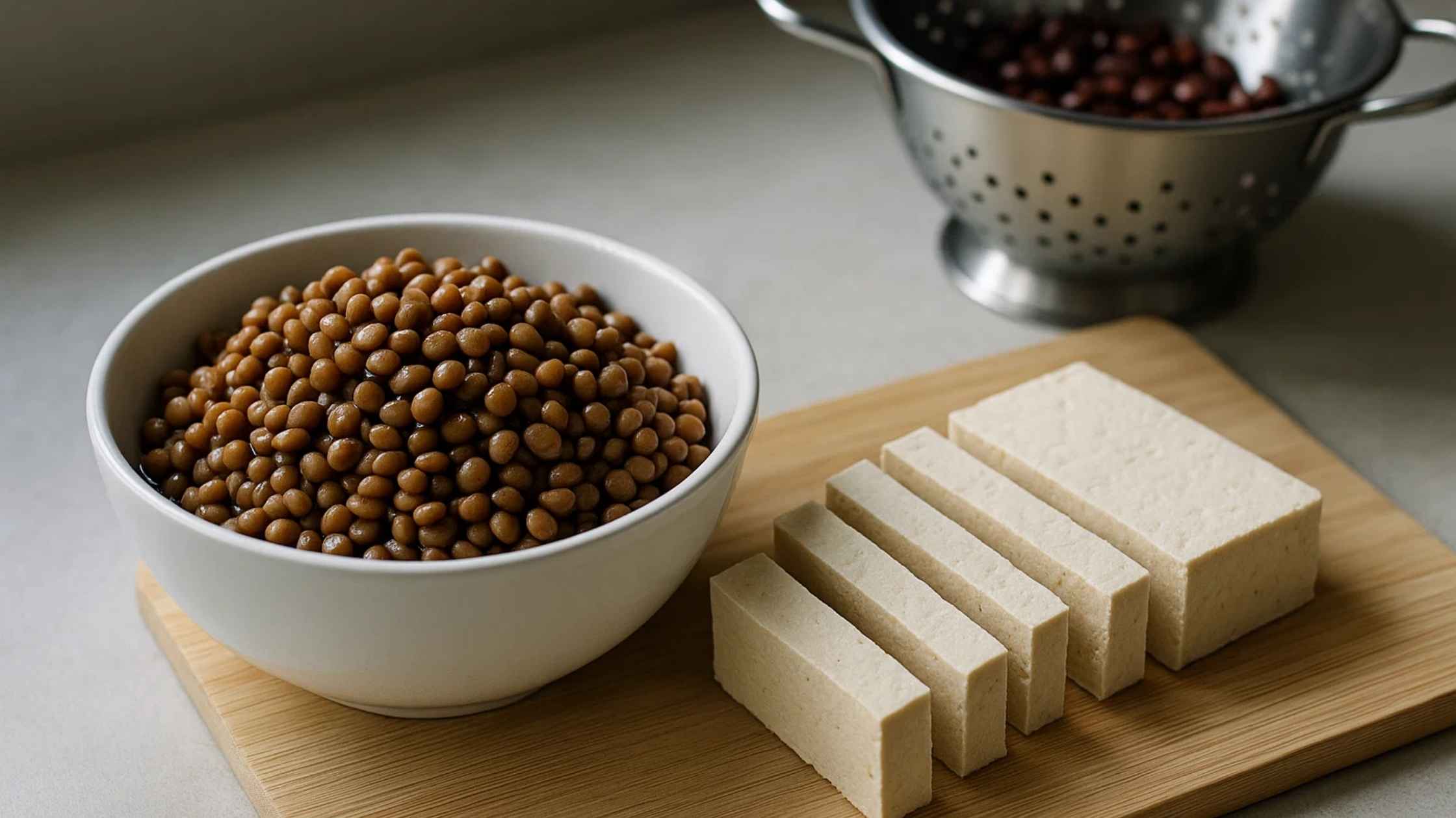 A bowl of cooked lentils and sliced tofu on a wooden cutting board, representing healthy protein and fiber options for low FODMAP food substitutes.