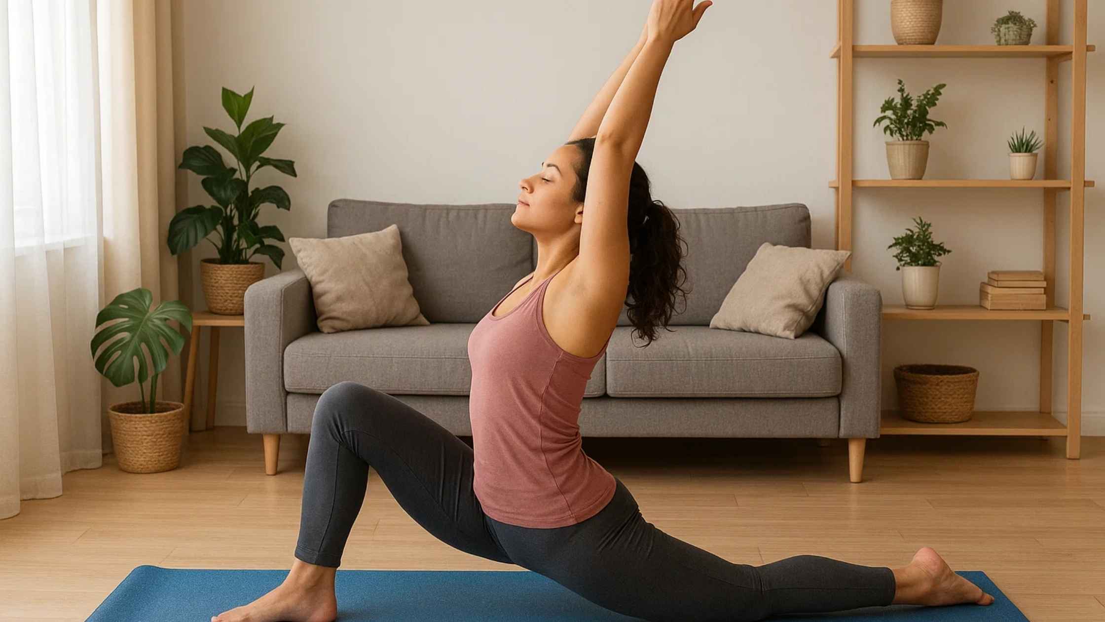 A woman performing a yoga pose at home, demonstrating a natural IBS relief technique.