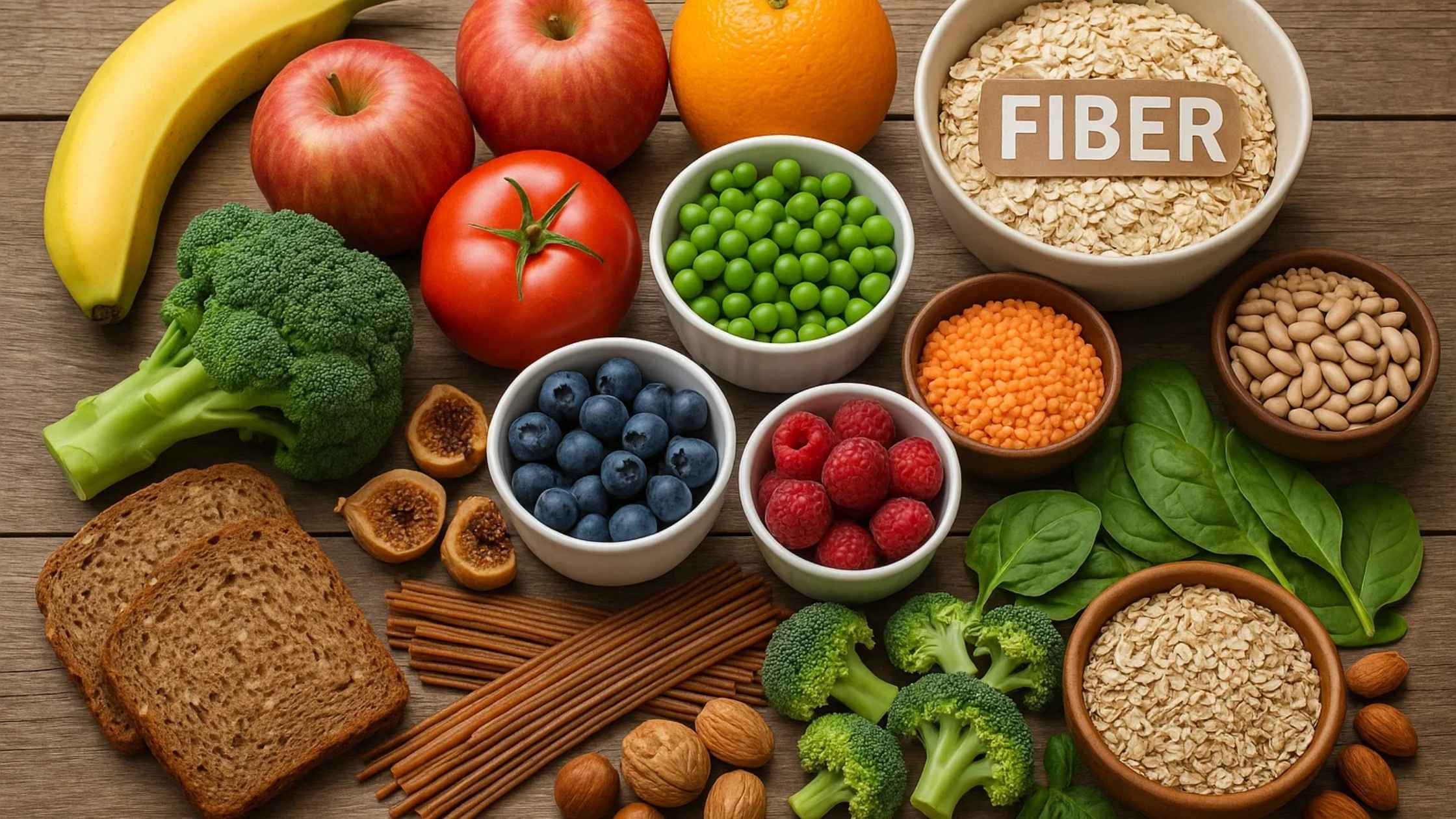 A variety of high-fiber foods like fruits, vegetables, and grains, essential for natural IBS relief.