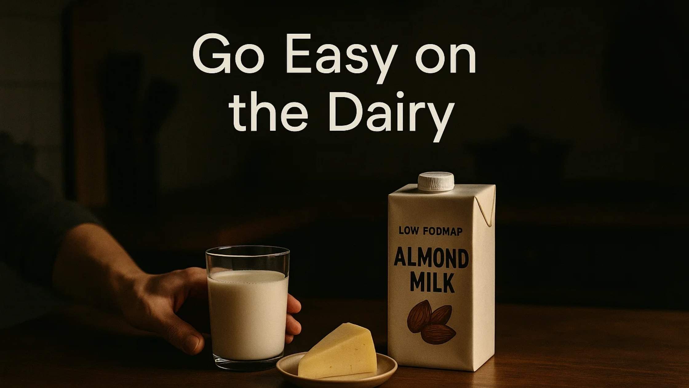 A carton of low FODMAP almond milk and a glass of milk with a piece of cheese, suggesting dairy modification for natural IBS relief.