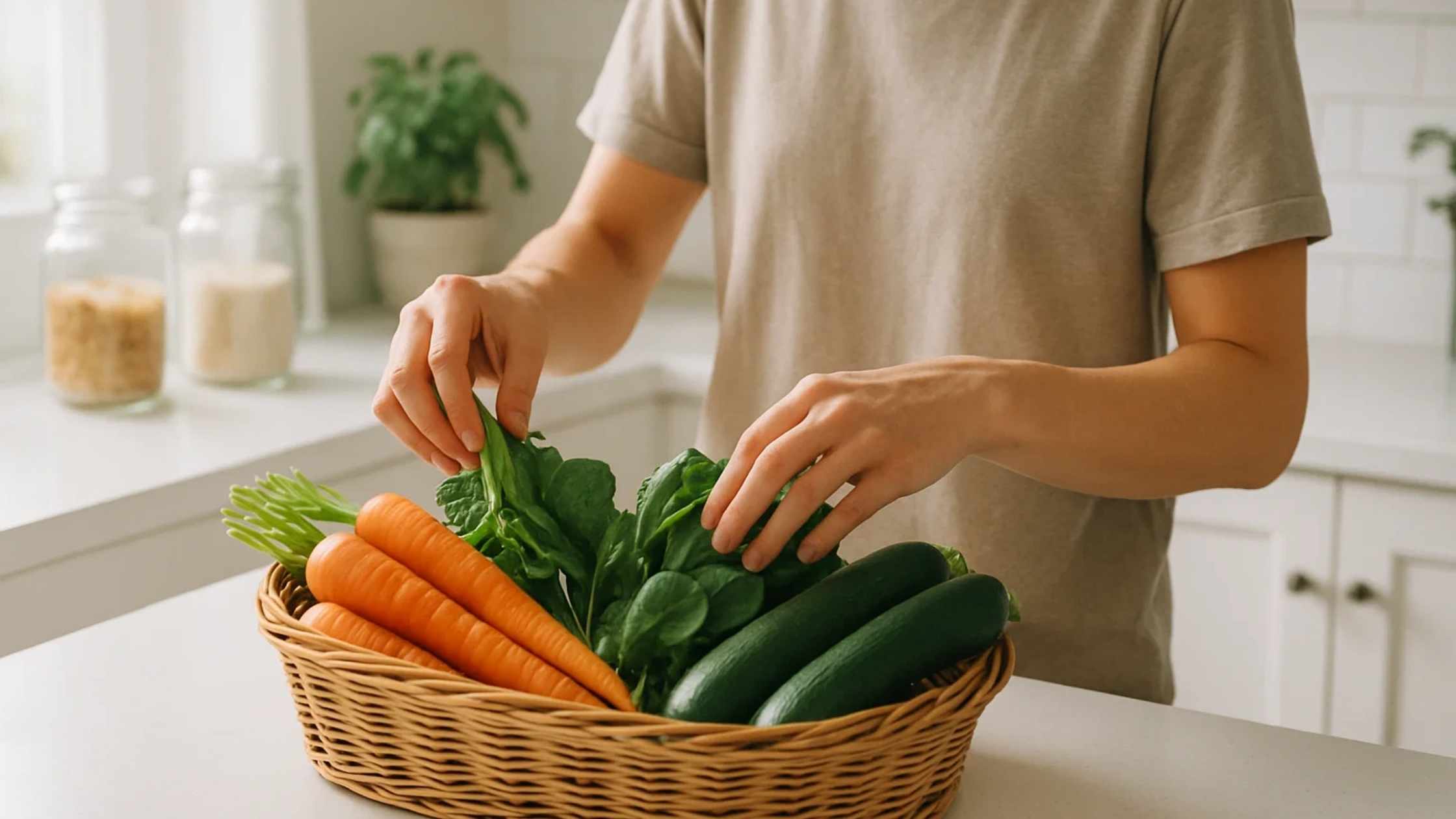 A person preparing a basket of fresh vegetables, including carrots, spinach, and zucchini, important for natural IBS relief.