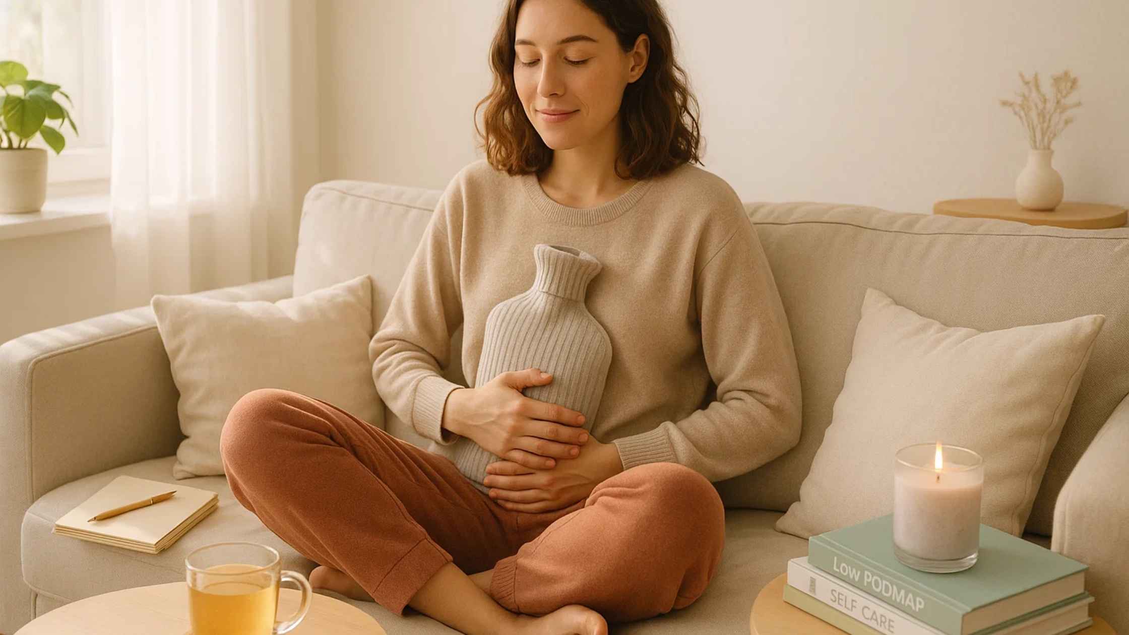 A woman holding a hot water bottle to her abdomen, finding comfort for natural IBS relief.