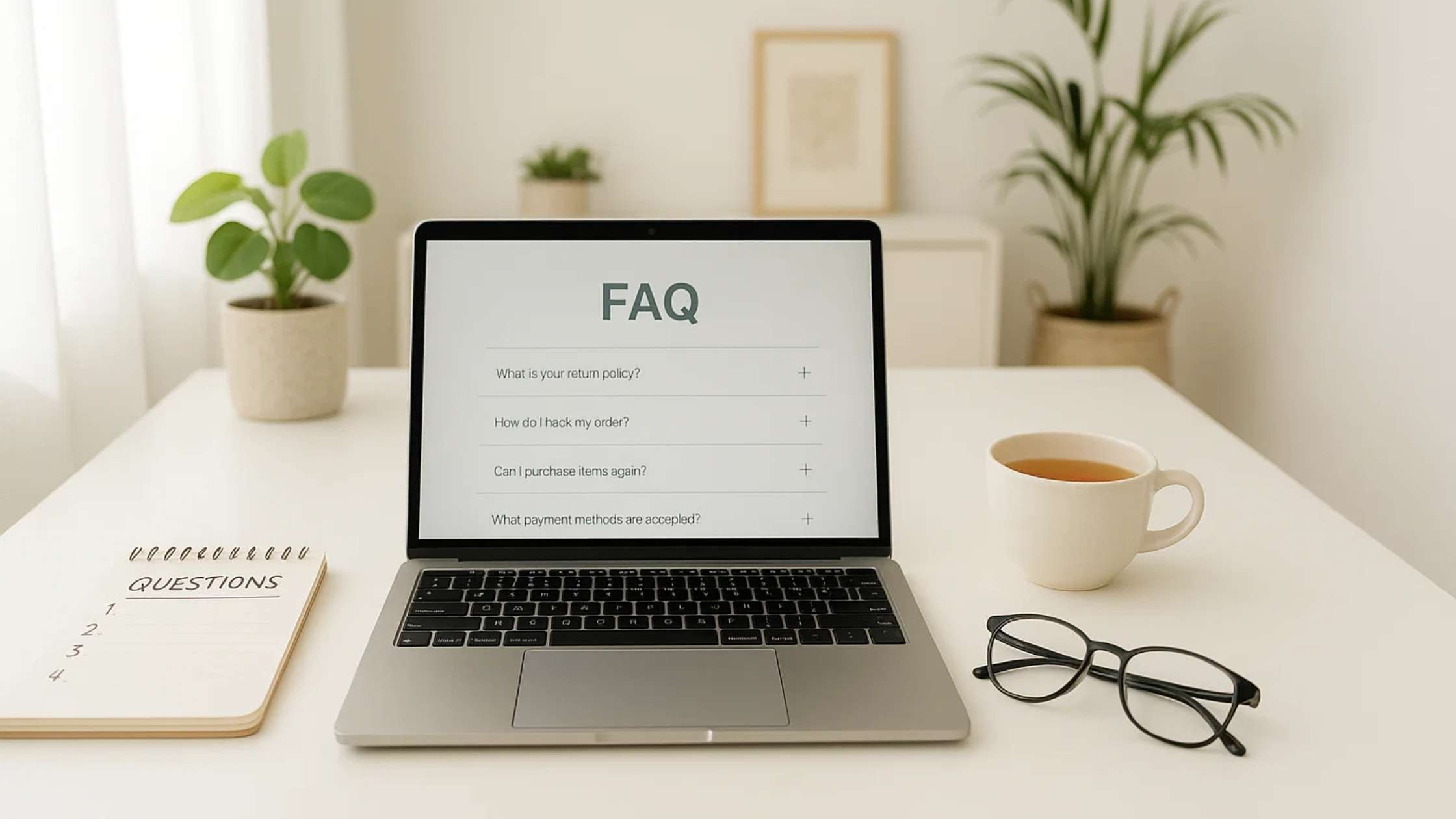 A laptop screen displaying an FAQ section with questions about returns, orders, and payment methods, set in a clean workspace.