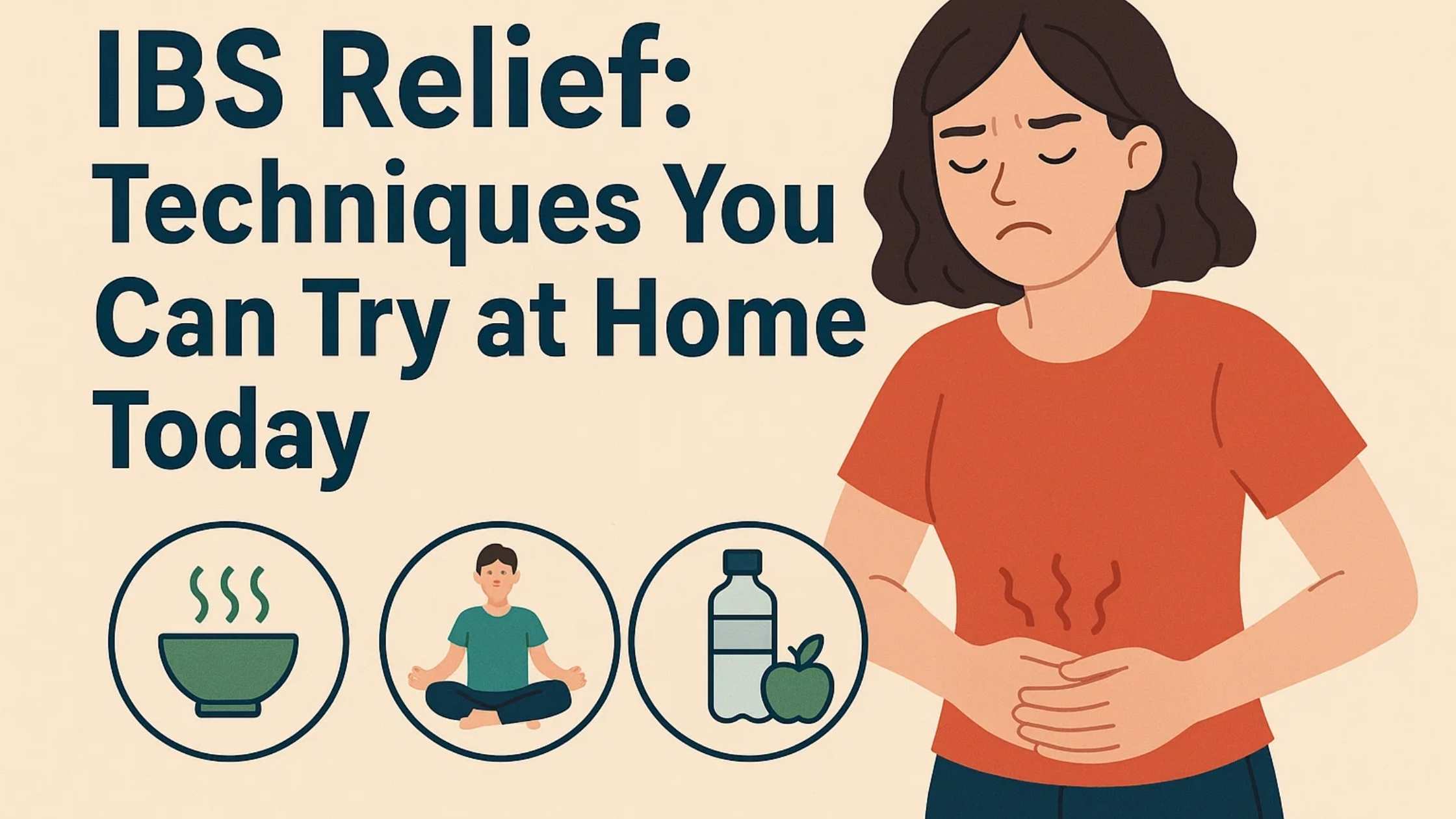 Illustration depicting various natural IBS relief methods, including a bowl of warm food, a person meditating, and a water bottle with an apple.