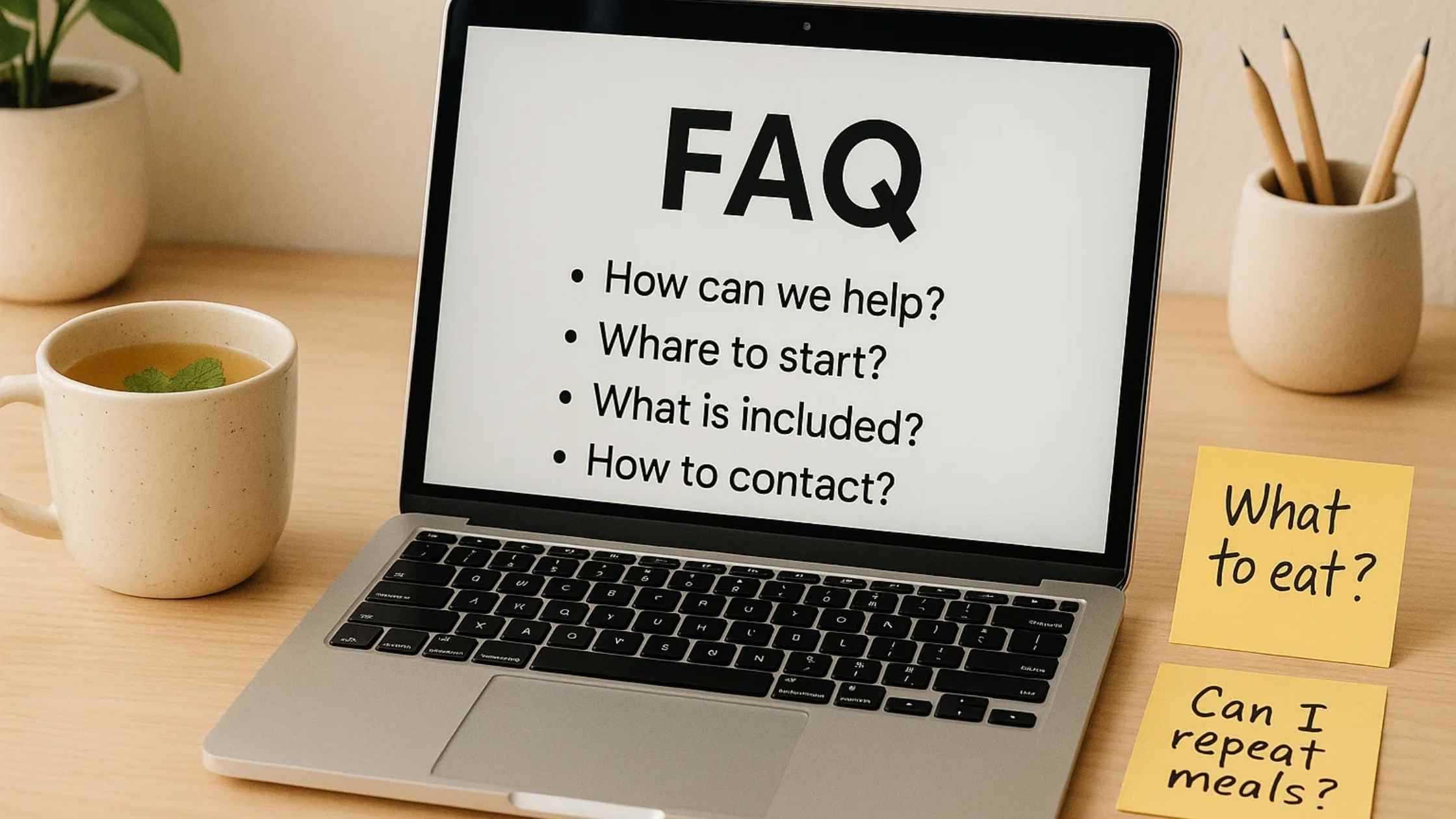 A laptop screen displaying an "FAQ" section with questions like "How can we help?" and "Where to start?", surrounded by a mug and sticky notes with questions like "What to eat?" and "Can I repeat meals?", all relevant to Low FODMAP Meal Prep for Beginners.
