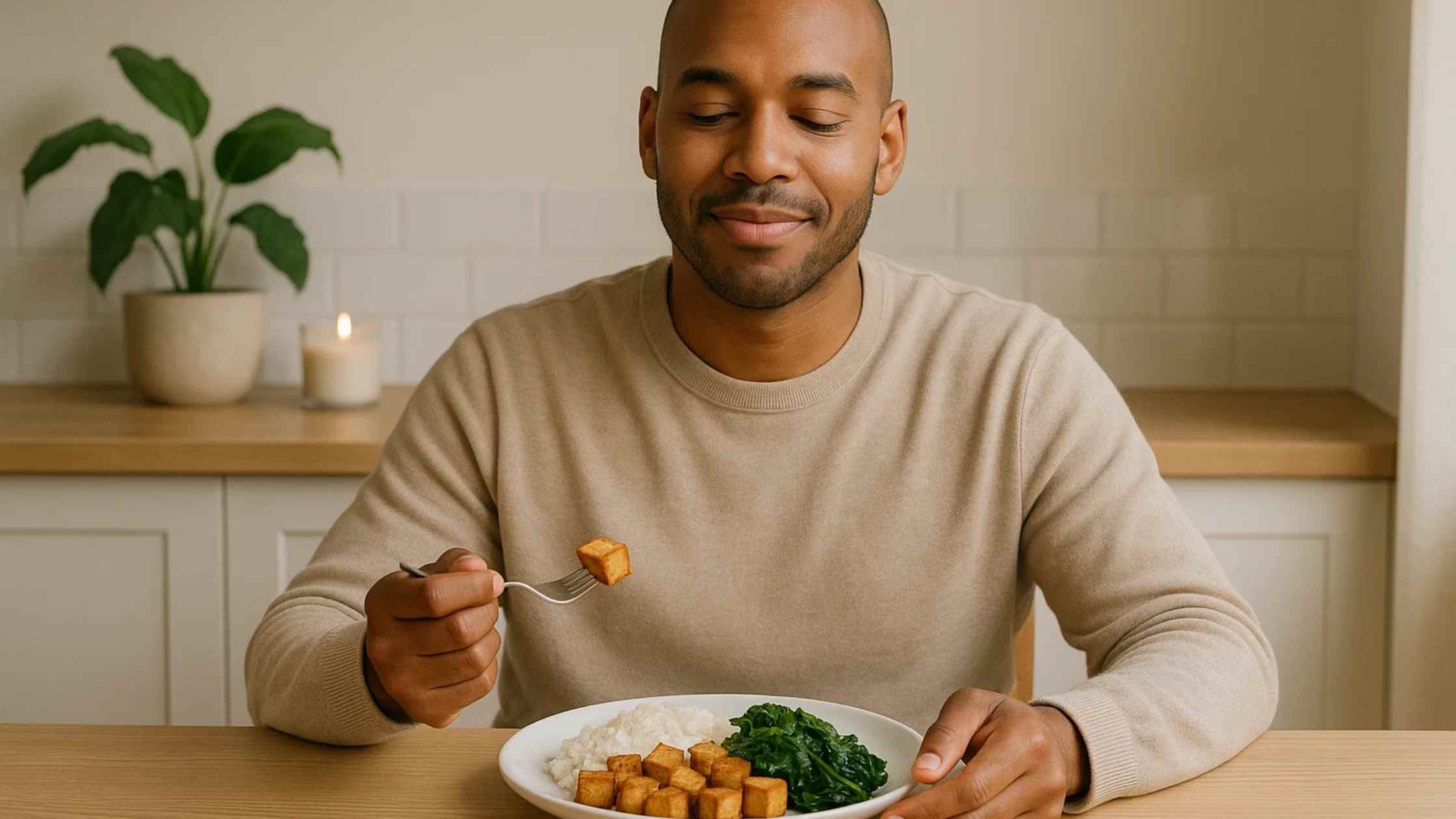 A man smiling while holding a fork with a piece of tofu, sitting at a table with a plate of rice, tofu, and spinach, indicating a satisfying experience with Low FODMAP Meal Prep for Beginners.