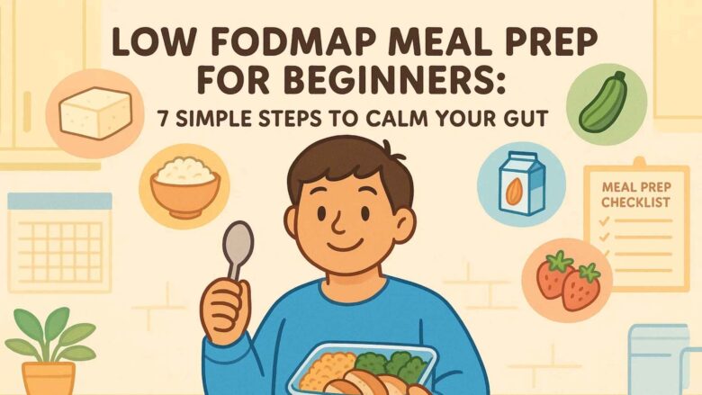 An illustration of a person holding a prepped meal with chicken and broccoli, surrounded by various low FODMAP ingredients like rice, almond milk, and strawberries. The text "Low FODMAP Meal Prep for Beginners: 7 Simple Steps to Calm Your Gut" is prominently displayed, emphasizing the ease of low FODMAP meal prep for beginners.