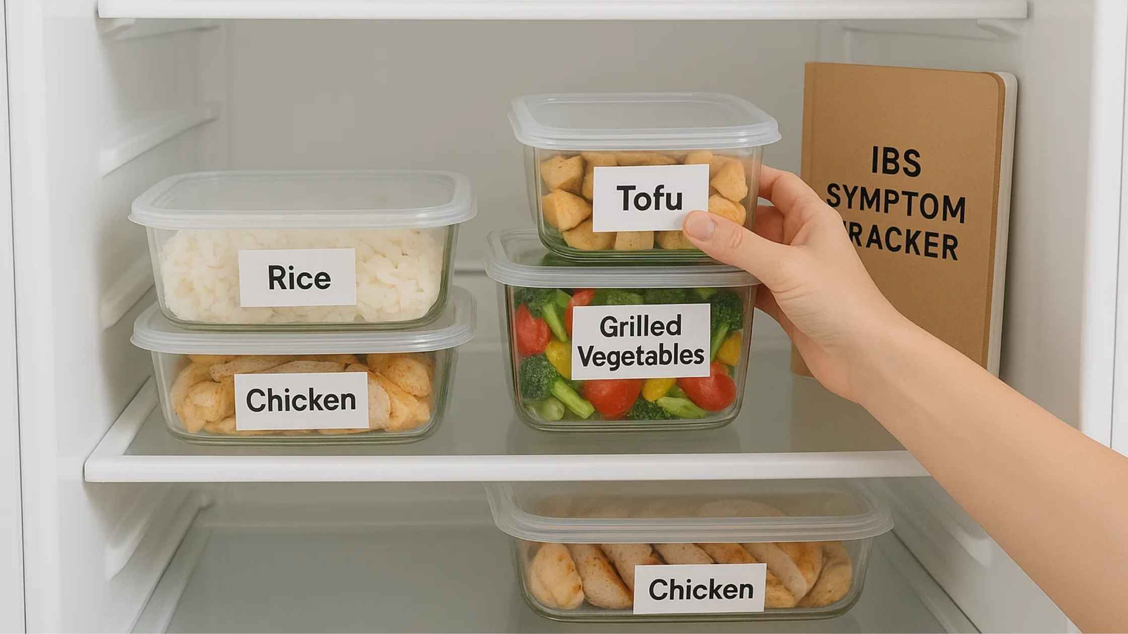 A hand reaching into a refrigerator filled with labeled food containers for Low FODMAP Meal Prep for Beginners, including "Rice," "Chicken," "Tofu," and "Grilled Vegetables," alongside an "IBS Symptom Tracker."