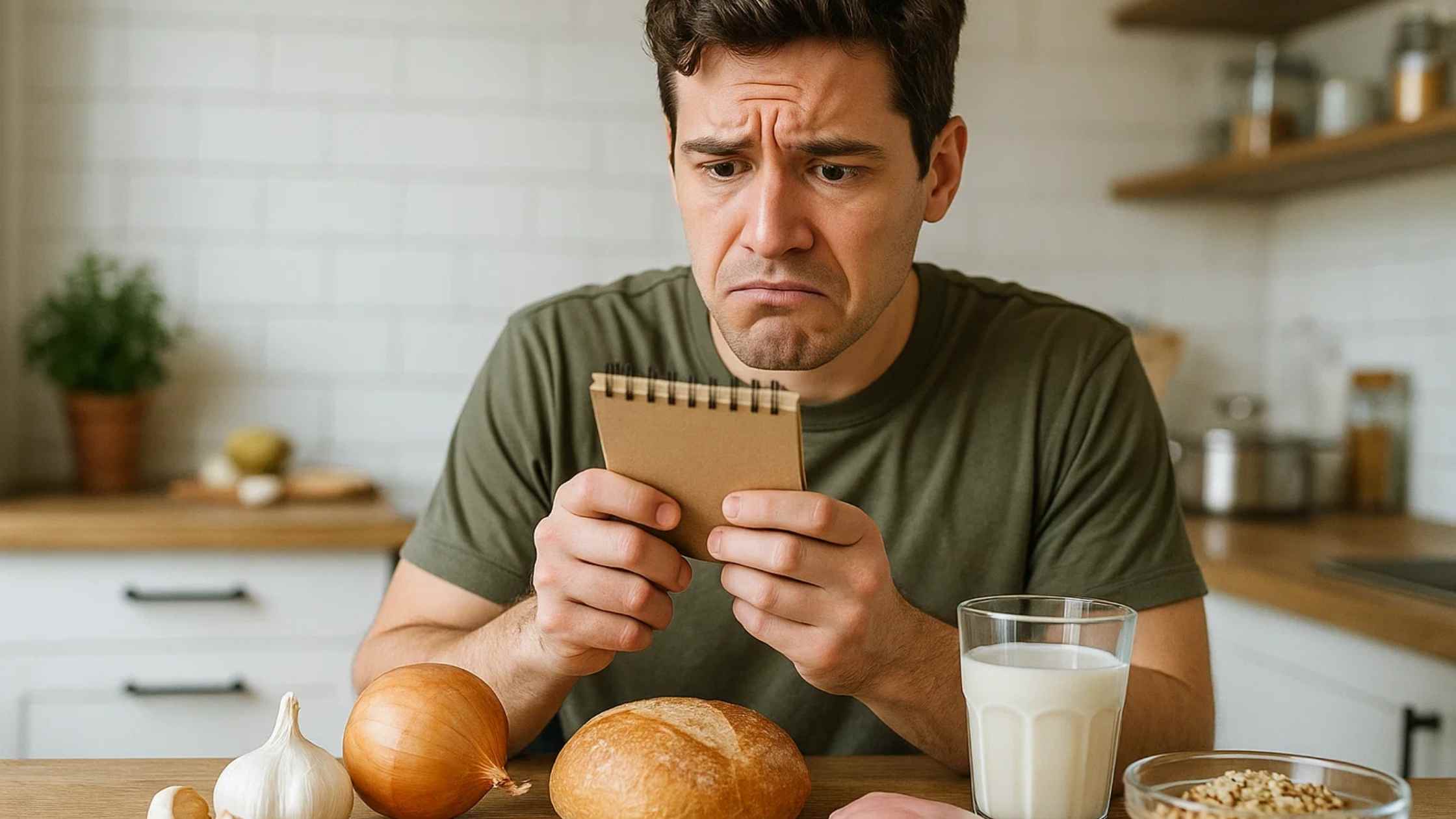 A man looking confused while holding a small notebook, with high FODMAP ingredients like garlic, onion, and bread on the table, representing the challenges of starting Low FODMAP Meal Prep for Beginners.