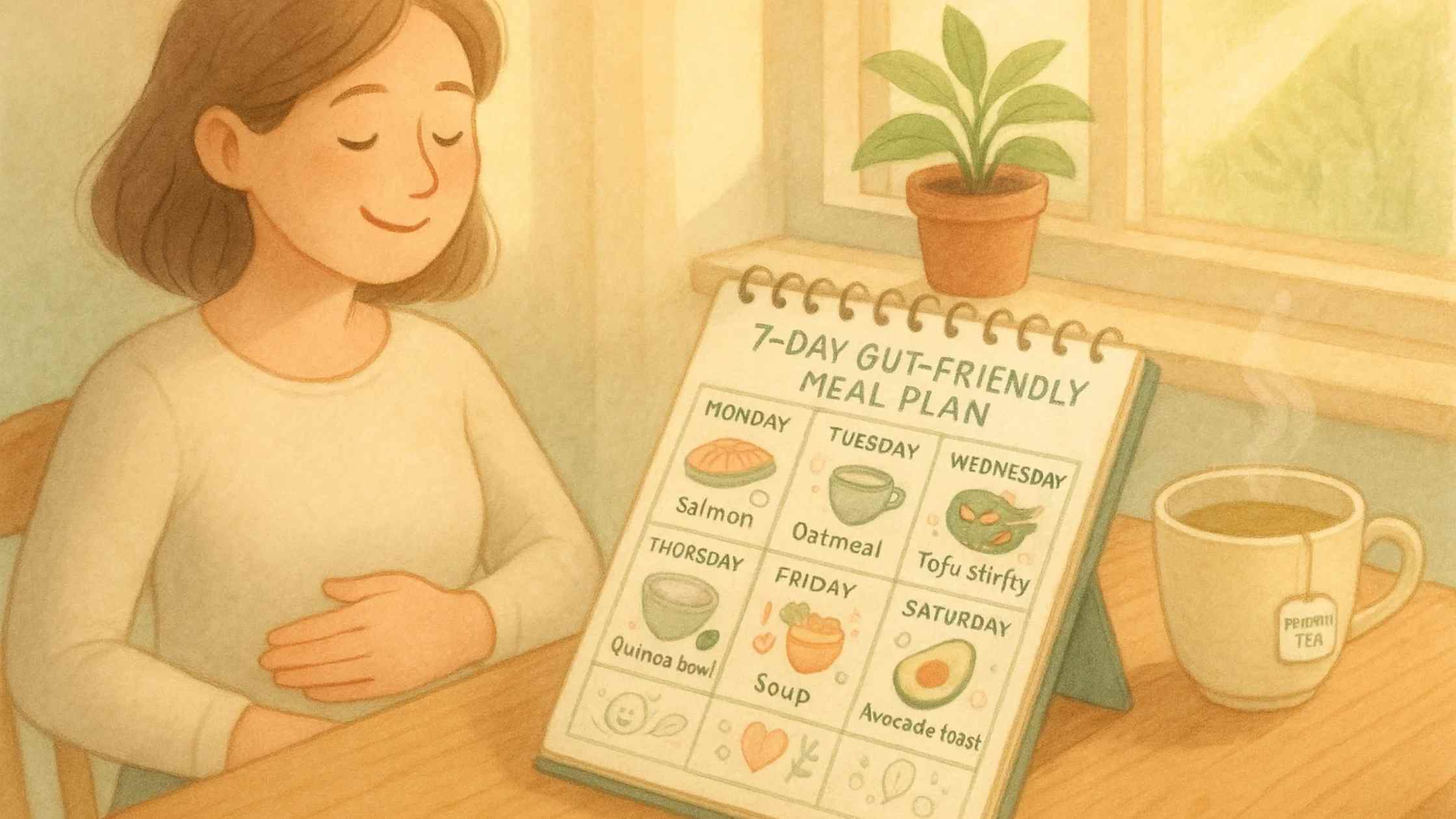 An animated illustration of a woman looking at a "7-Day Gut-Friendly Meal Plan" with various low FODMAP food items listed, perfect for Low FODMAP Meal Prep for Beginners.
