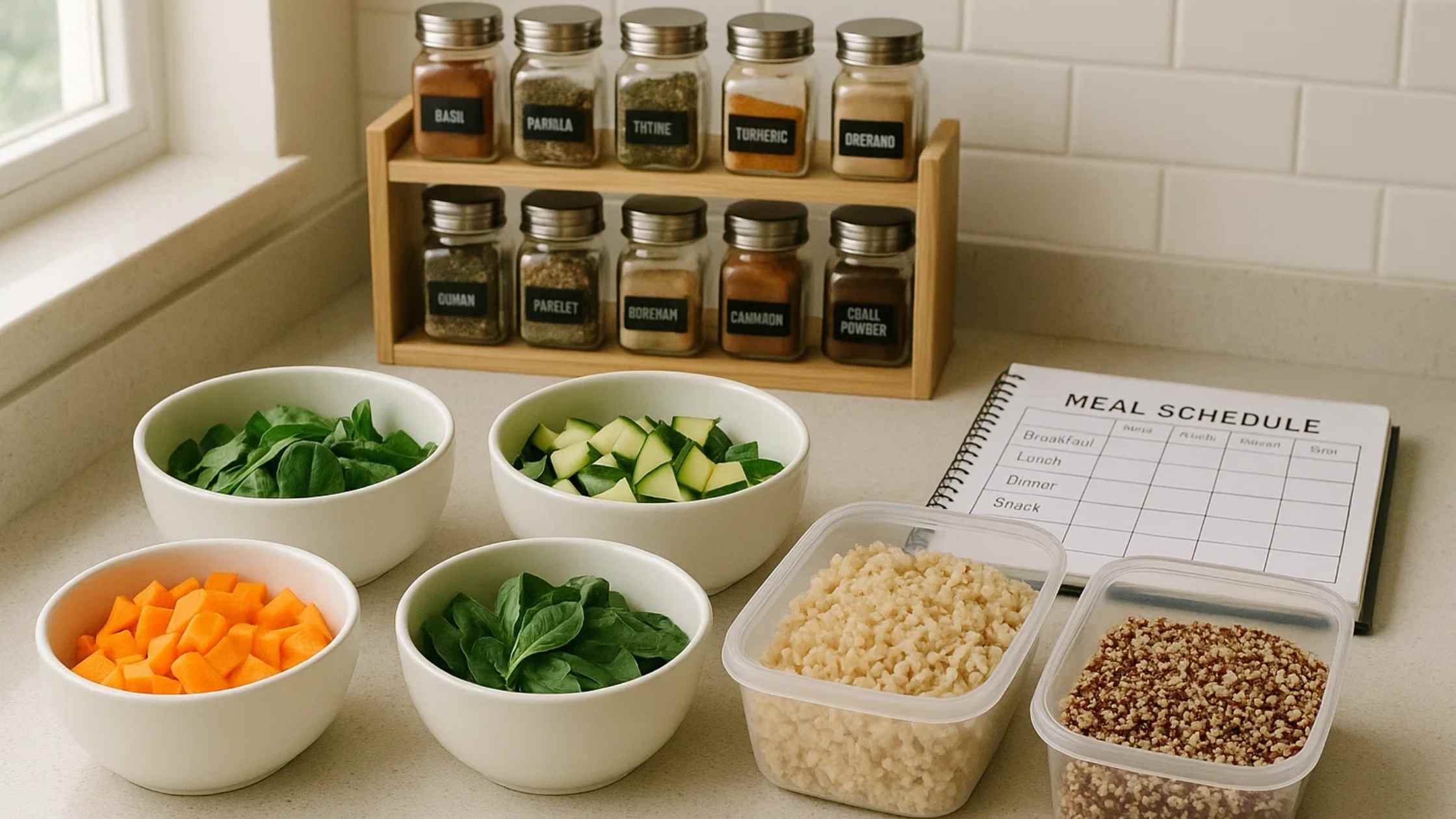 A well-organized kitchen counter showing prepped ingredients like spinach, zucchini, and carrots in bowls, along with labeled spice jars and meal schedule notebook, illustrating Low FODMAP Meal Prep for Beginners.