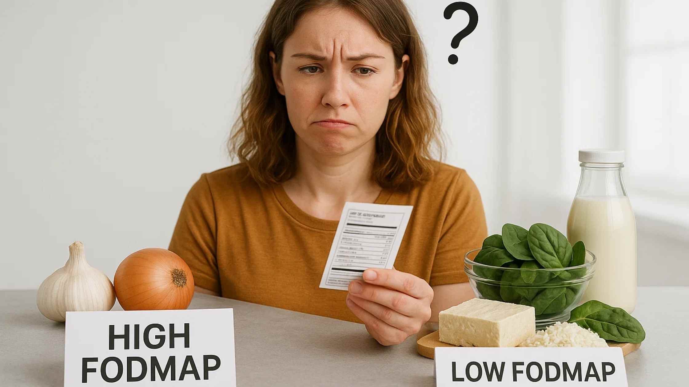 A woman looking confused while comparing a list with "High FODMAP" foods like garlic and onion, and "Low FODMAP" foods like spinach and tofu, illustrating the learning curve for Low FODMAP Meal Prep for Beginners.
