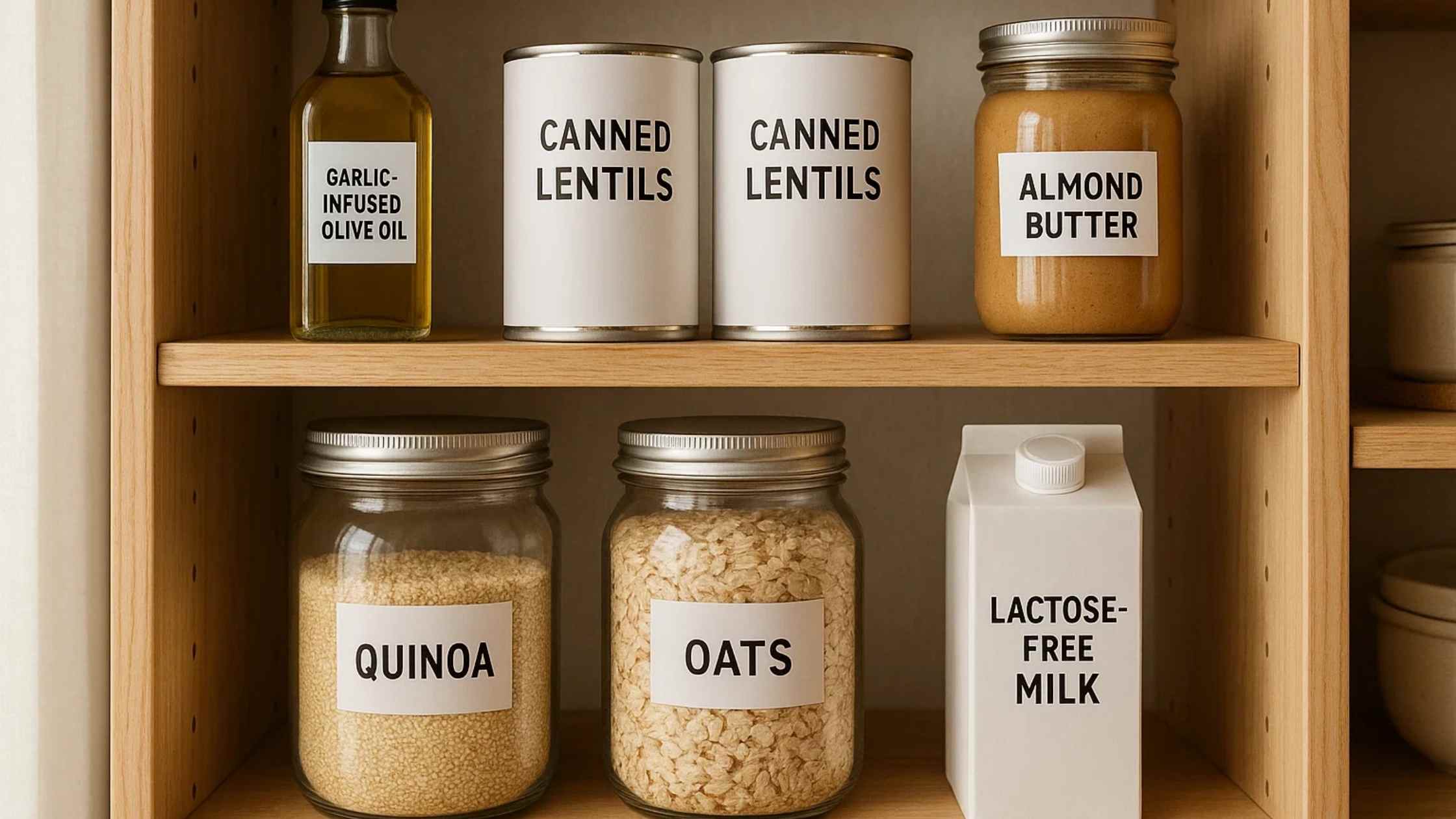 A well-stocked pantry shelf with low FODMAP staples like garlic-infused olive oil, canned lentils, almond butter, quinoa, oats, and lactose-free milk, demonstrating essential ingredients for Low FODMAP Meal Prep for Beginners.