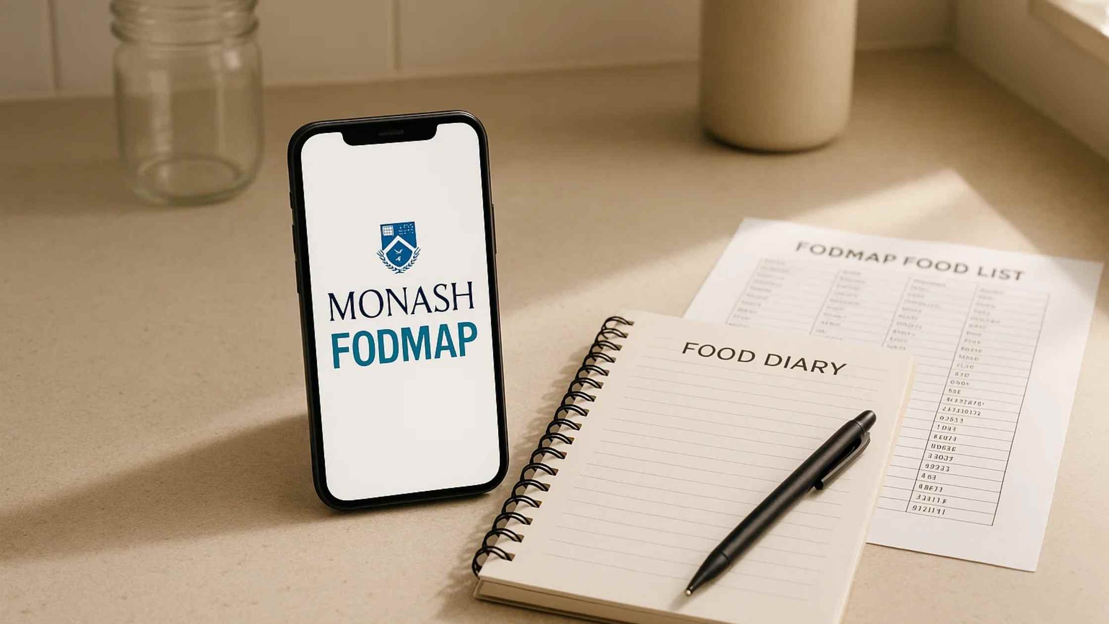 A smartphone displaying the "Monash FODMAP" app next to a "Food Diary" notebook and a "FODMAP Food List" on a kitchen counter, showcasing essential resources for Low FODMAP Meal Prep for Beginners.