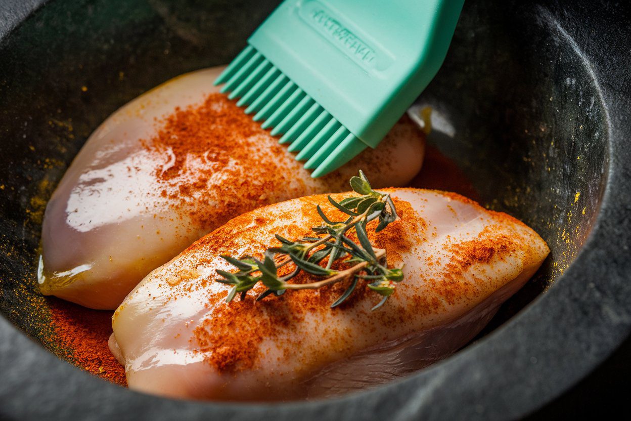 Chicken breasts seasoned with paprika and thyme in black mortar, olive oil droplets visible.