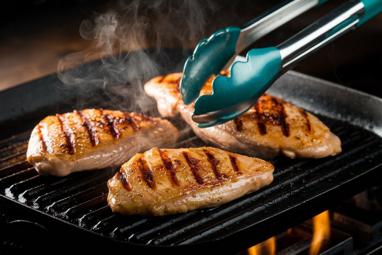 Chicken breasts grilling with sear marks, flipped with teal tongs