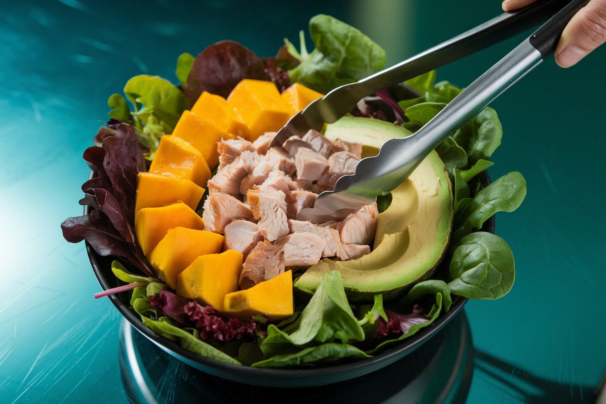 Low FODMAP bowl assembly with greens, squash, chicken, and avocado.