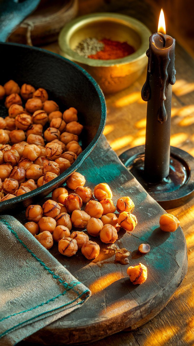 Two servings of crispy low FODMAP roasted chickpeas overflowing from skillet with candlelight, paprika-dusted, on oak board.