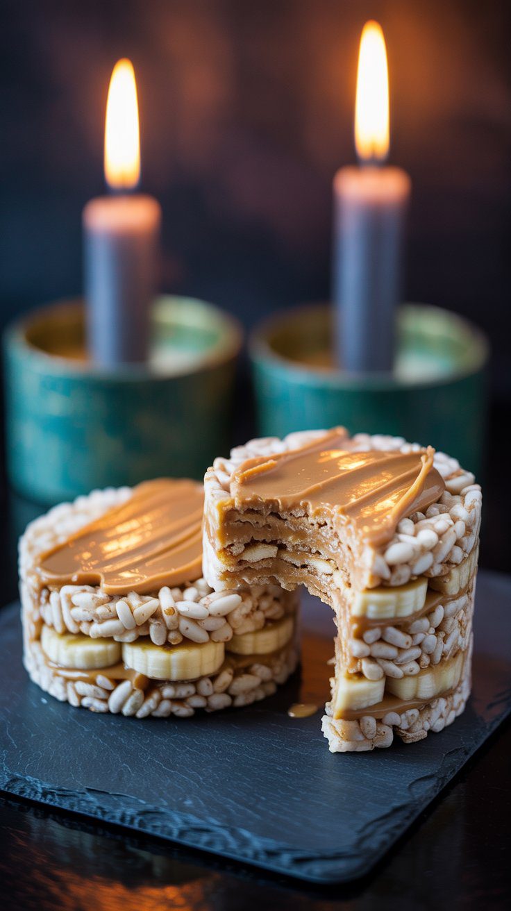 Low FODMAP peanut butter banana rice cakes on slate with candlelight, showing safe banana portion and creamy peanut butter texture.