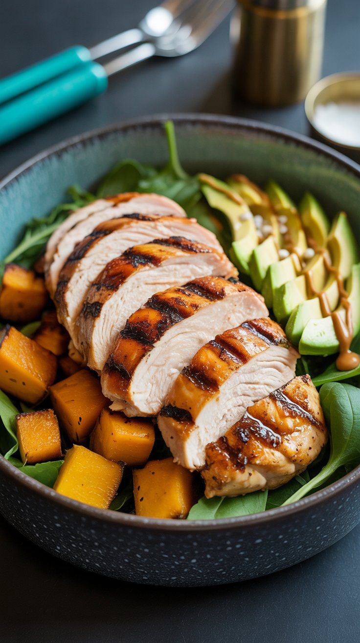 Low FODMAP chicken bowl with grilled chicken, roasted squash, greens, and avocado, drizzled with tahini dressing in black ceramic bowl. Teal tongs rest beside it.