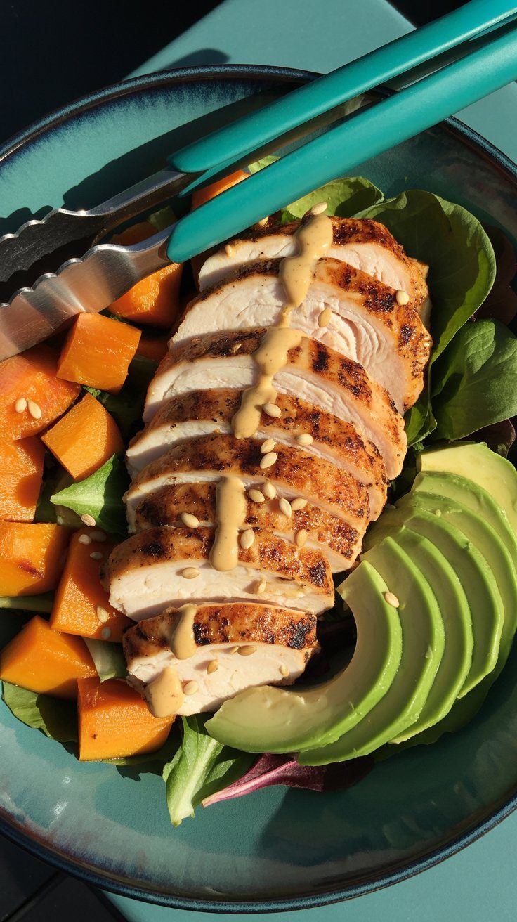 Low FODMAP chicken bowl with grilled chicken, roasted squash, greens, and avocado, drizzled with tahini dressing in black ceramic bowl. Teal tongs rest beside it.